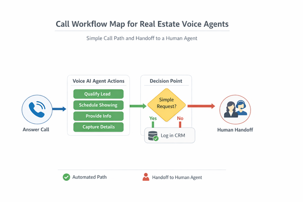 Call workflow map for a real estate voice agent from answering to CRM logging and human handoff
