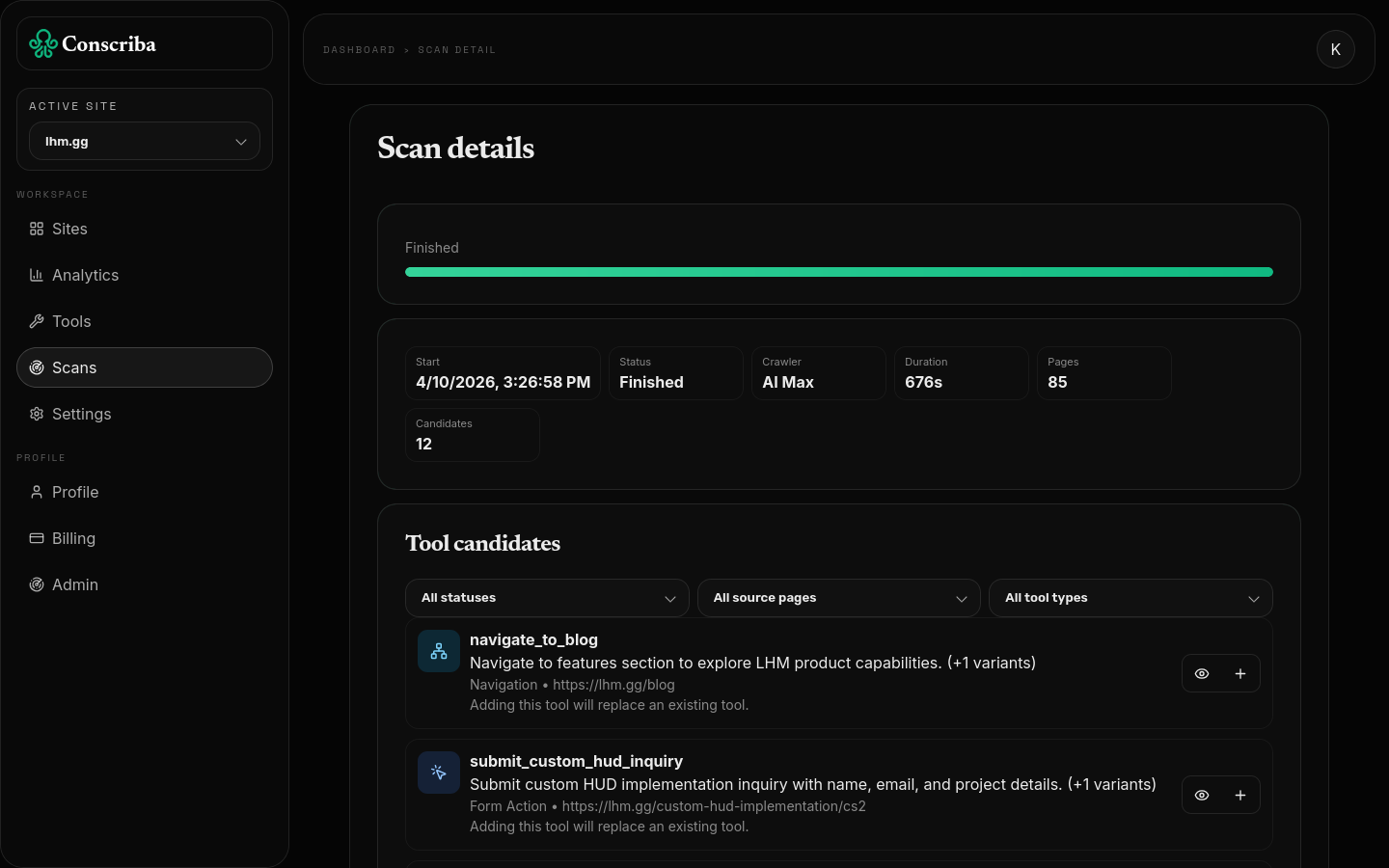 Conscriba AI scans for WebMCP tools discovery
