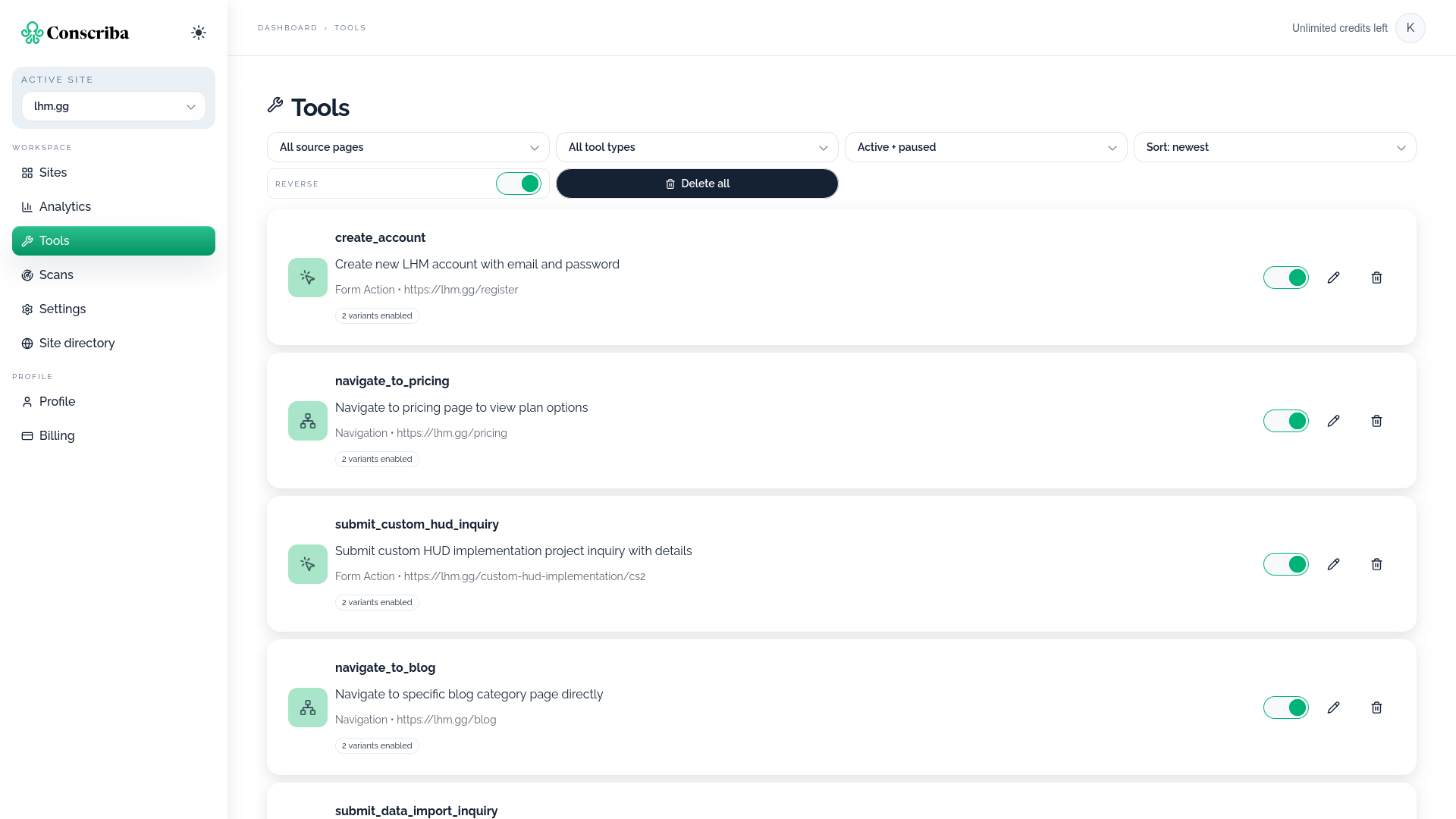 Conscriba WebMCP tools management and AI scans history