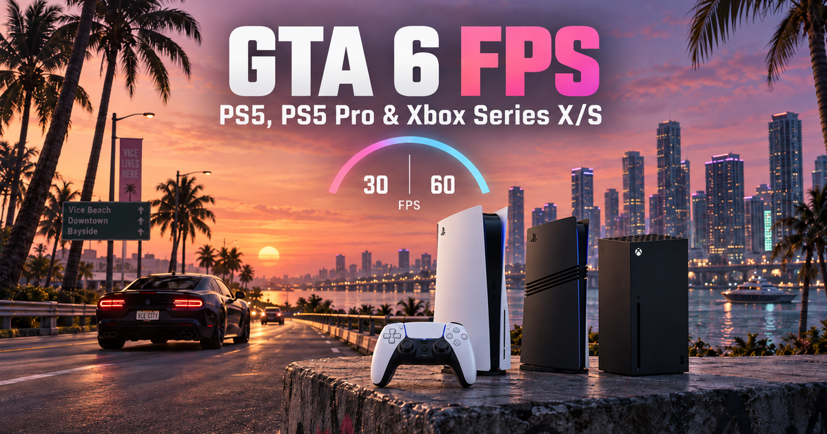 GTA 6 FPS illustration with PlayStation and Xbox consoles, a DualSense controller and a 30/60 FPS gauge against a sunset skyline.