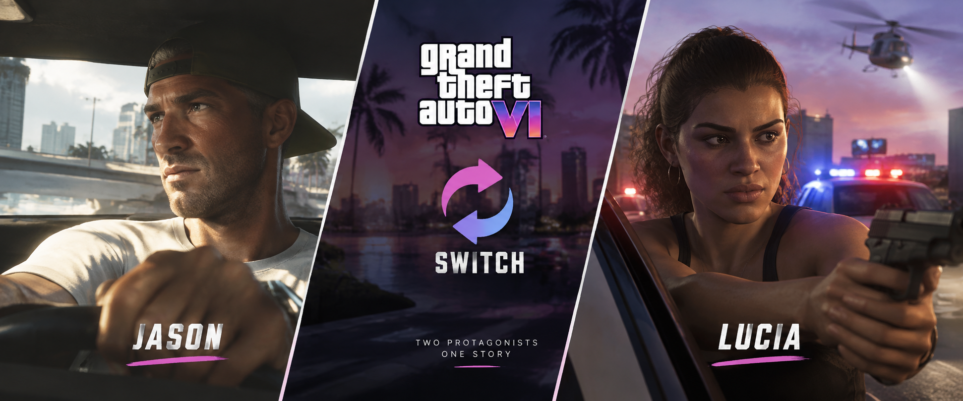 Jason and Lucia shown in a visual explanation of GTA 6 character switching.