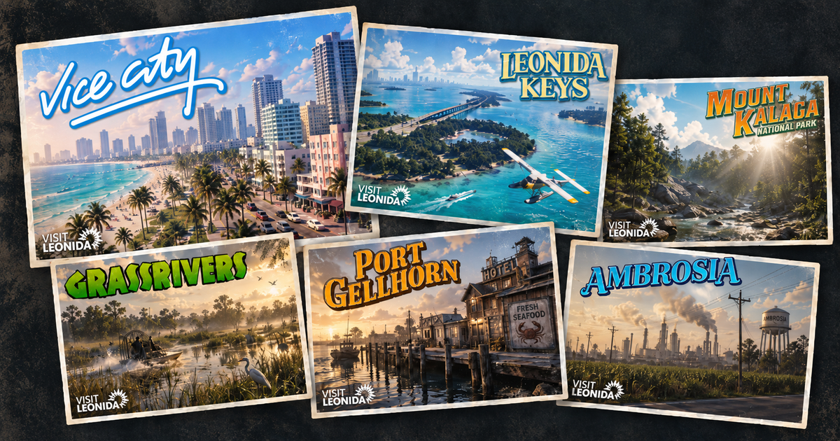 Postcard-style collage showing Vice City, Leonida Keys, Grassrivers, Port Gellhorn, Ambrosia and Mount Kalaga National Park.