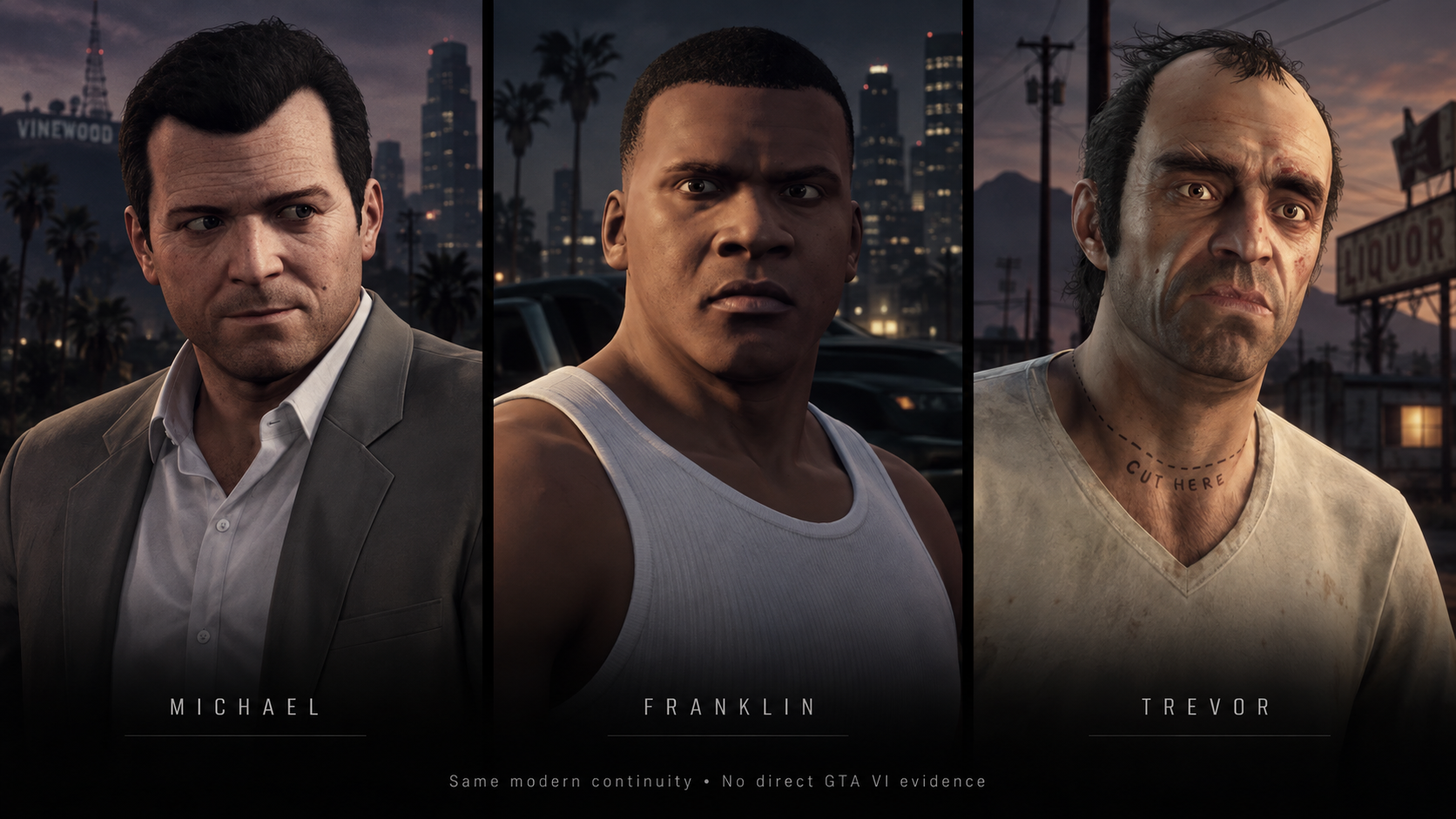 Michael De Santa, Franklin Clinton and Trevor Philips in a three-panel GTA V character collage.