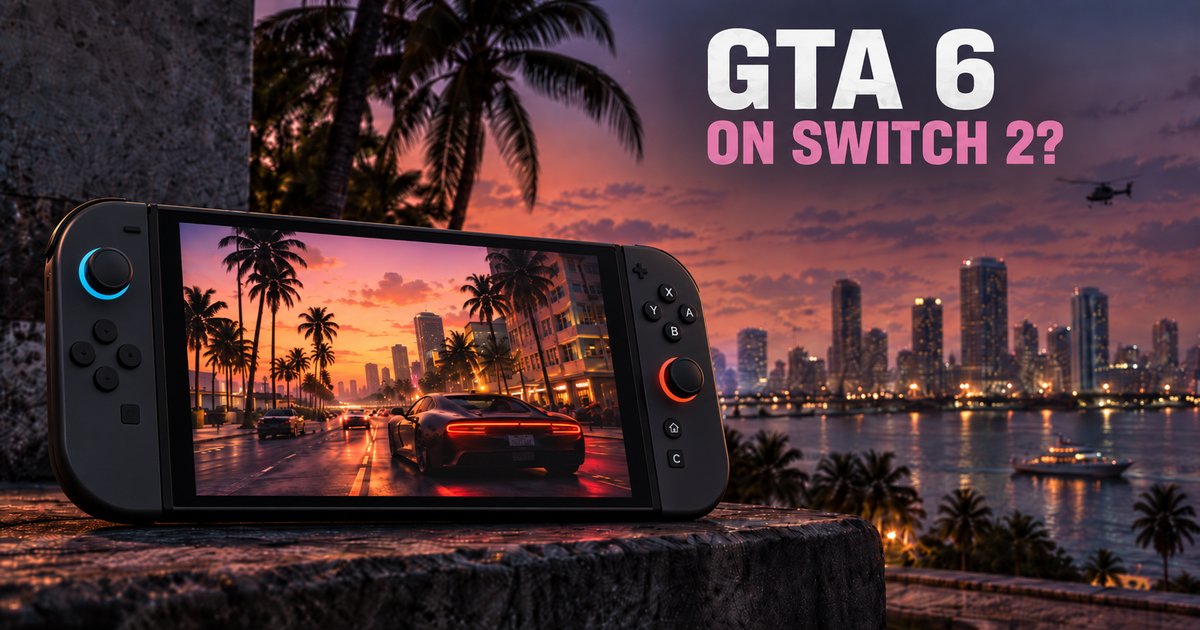 Handheld Nintendo-style console against a tropical city skyline with the text GTA 6 on Switch 2.