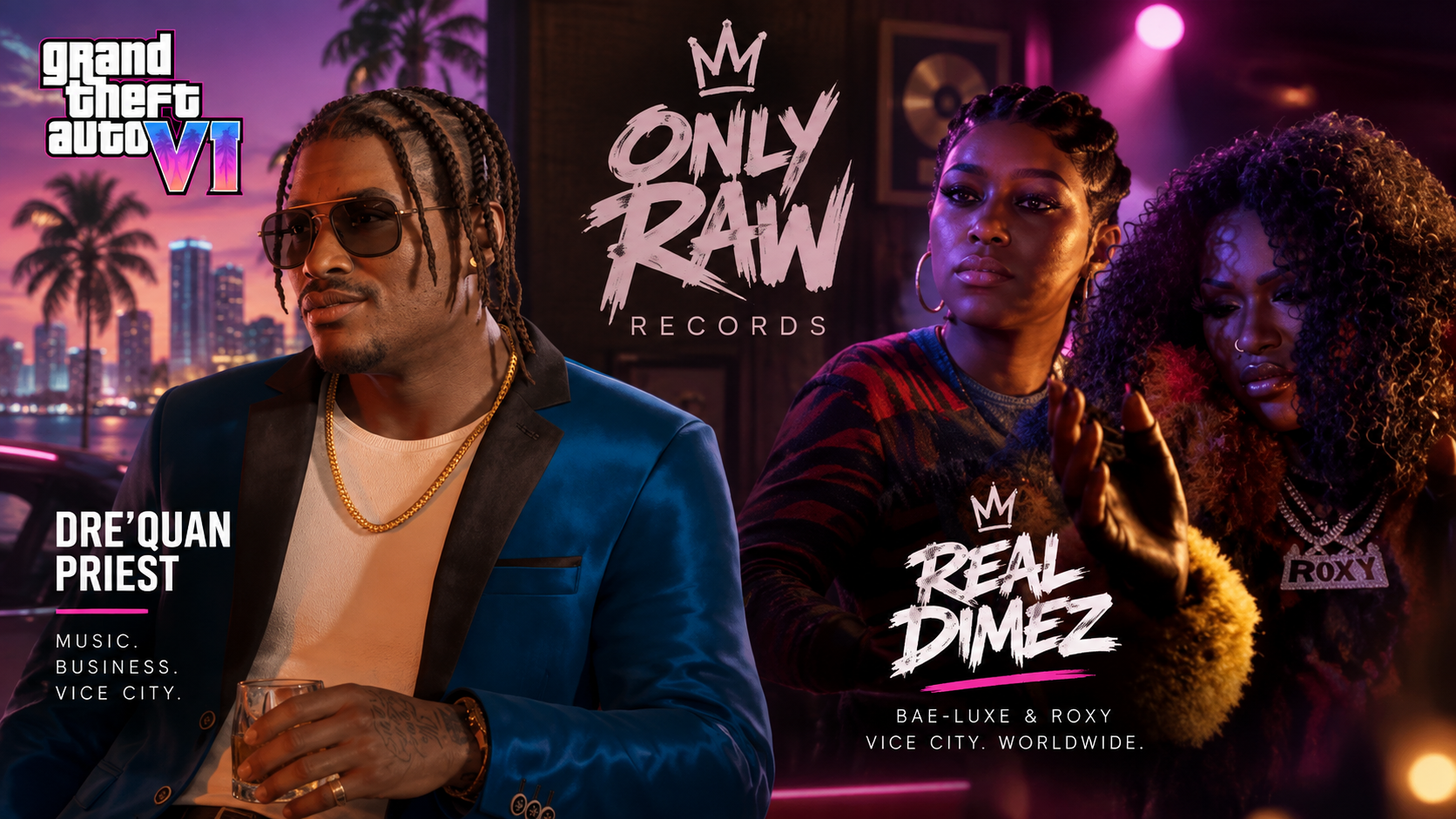 Dre’Quan Priest and Real Dimez in Rockstar’s official GTA VI character artwork.