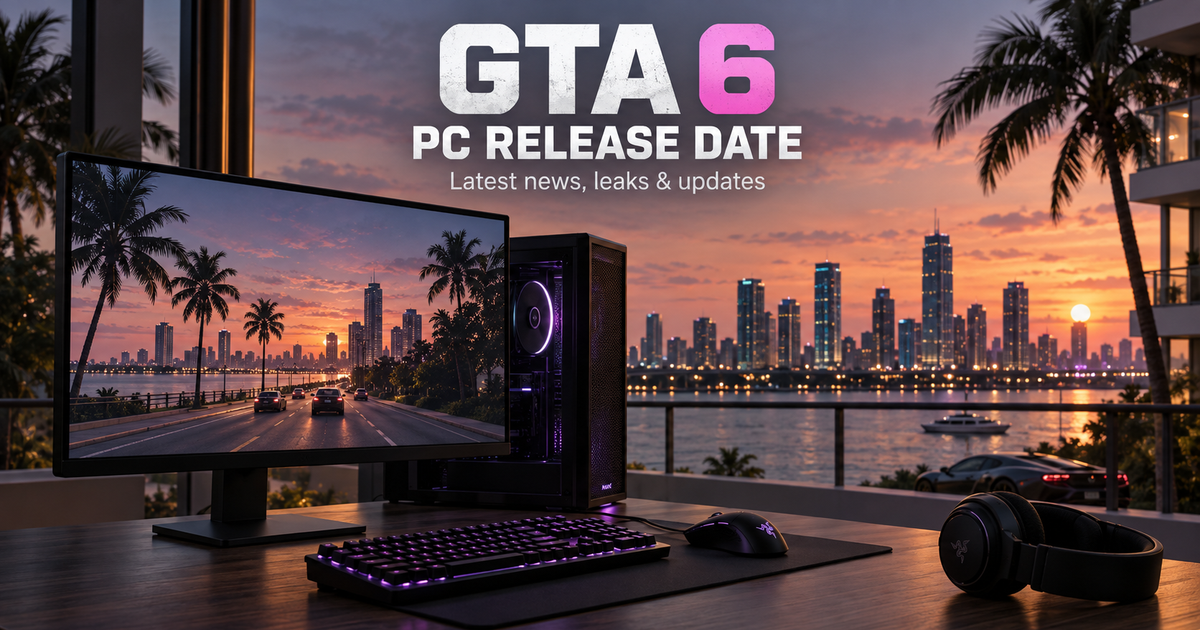 PC gaming setup overlooking a palm-lined waterfront at sunset, with the headline “GTA 6 PC Release Date”.