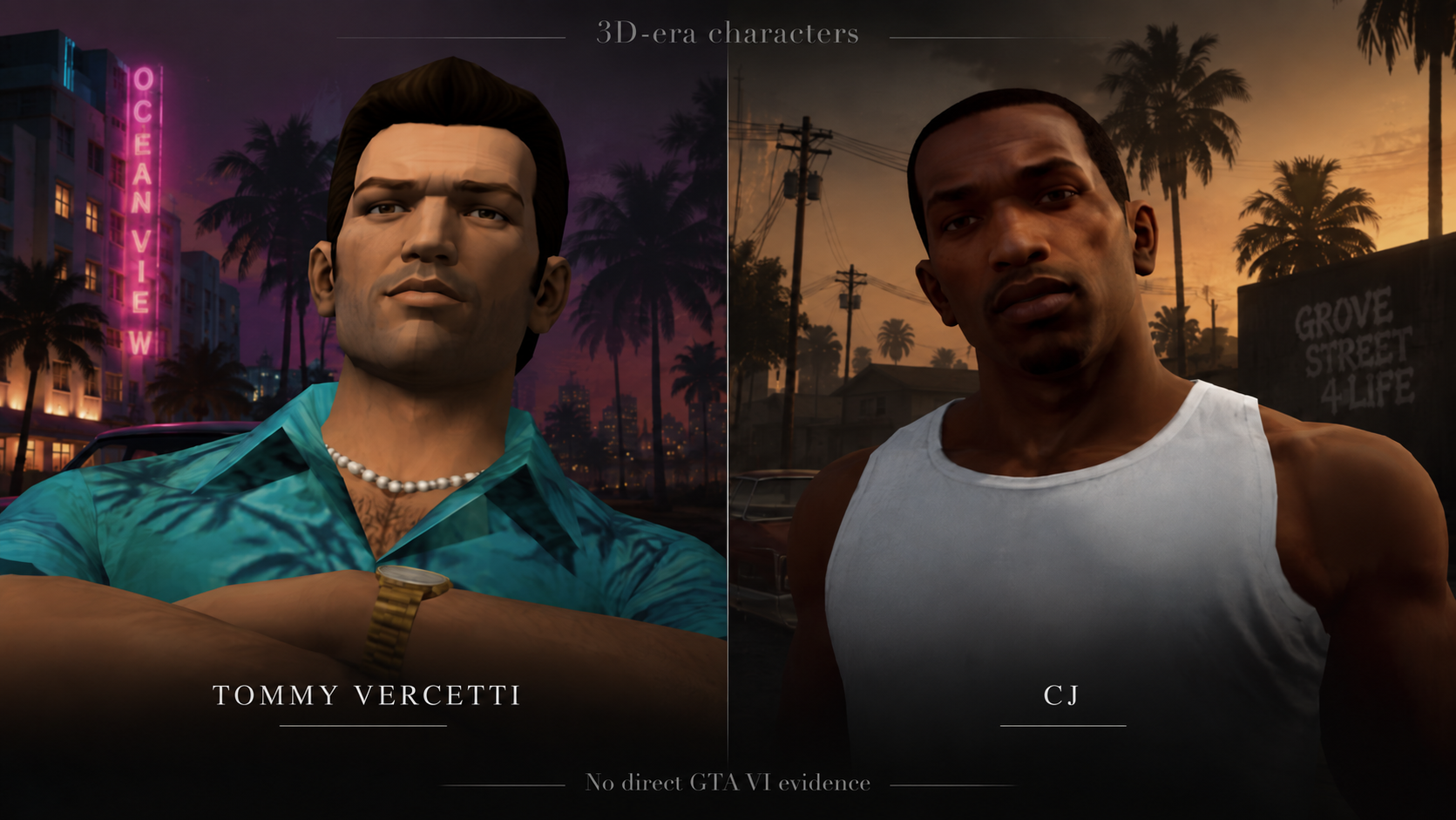 Tommy Vercetti from GTA Vice City beside CJ from GTA San Andreas.