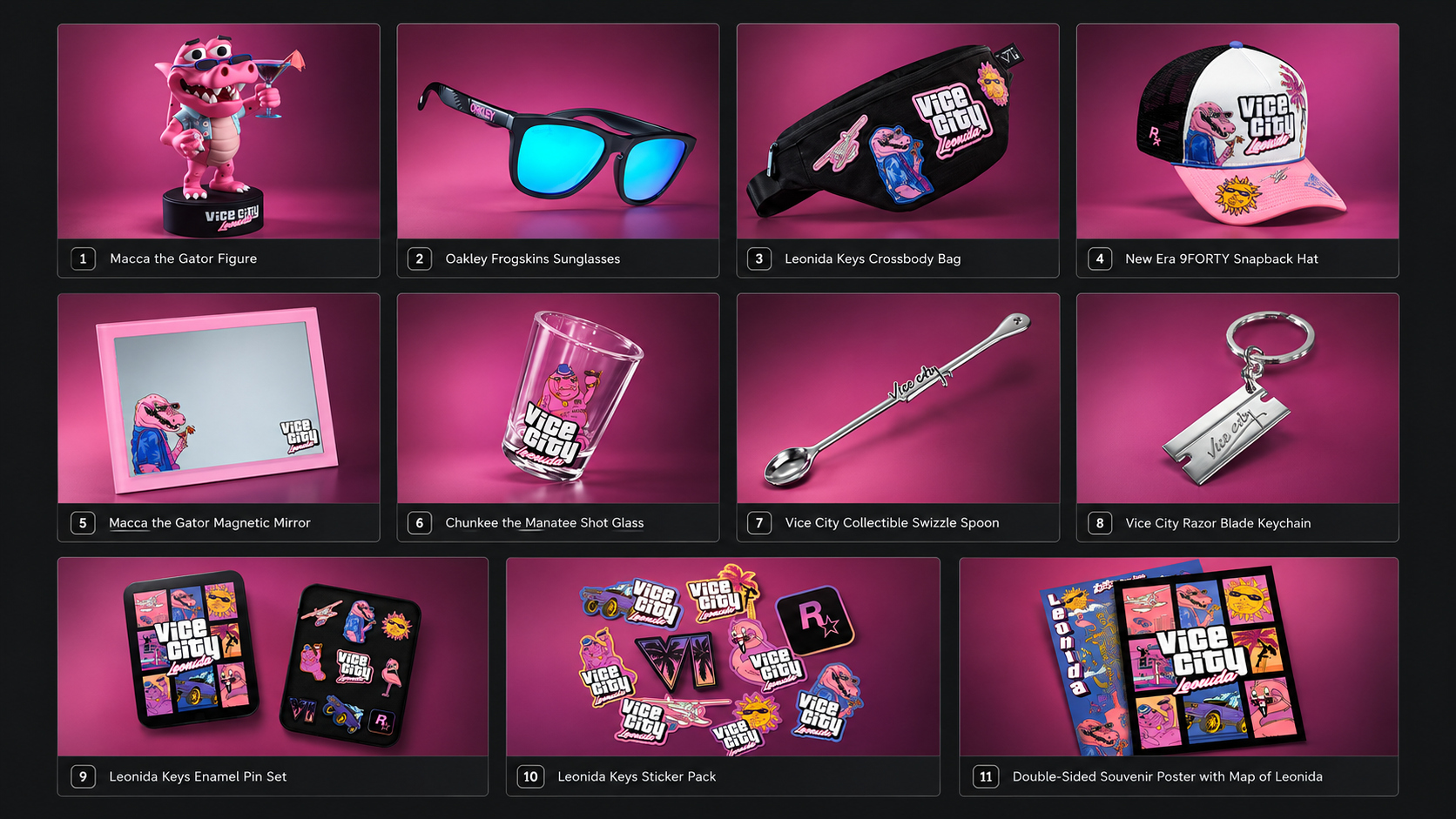 The 11 listed products in GTA VI’s Vice City Collection, including sunglasses, a hat, a figure, and a souvenir poster.