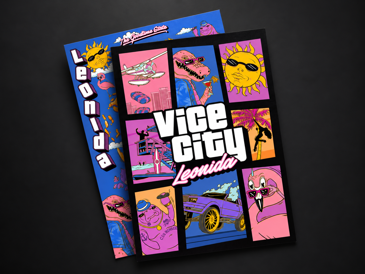 Official double-sided Vice City souvenir poster with its illustrated front and a partially visible Leonida map reverse.