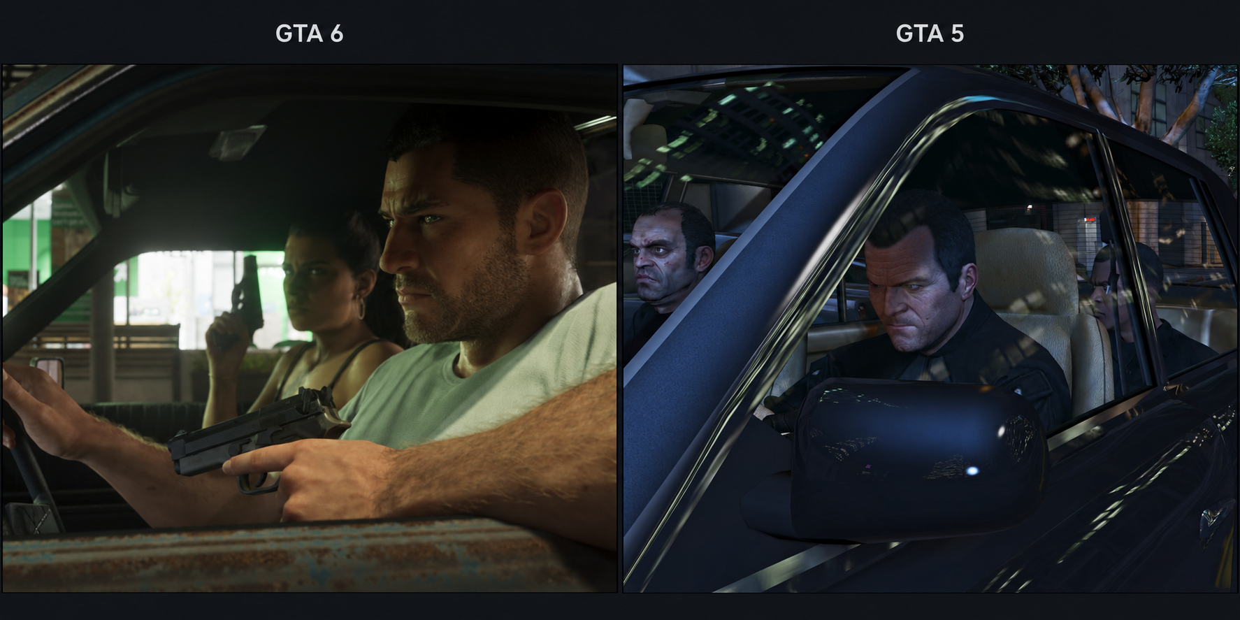 Side-by-side comparison of GTA 6 and GTA 5 screenshots showing characters inside cars during nighttime scenes.