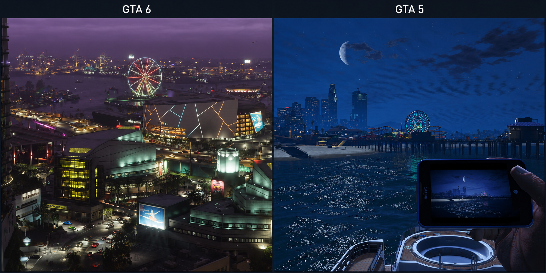 Side-by-side comparison of GTA 6 and GTA 5 nighttime cityscape screenshots with illuminated waterfronts and skyline views.