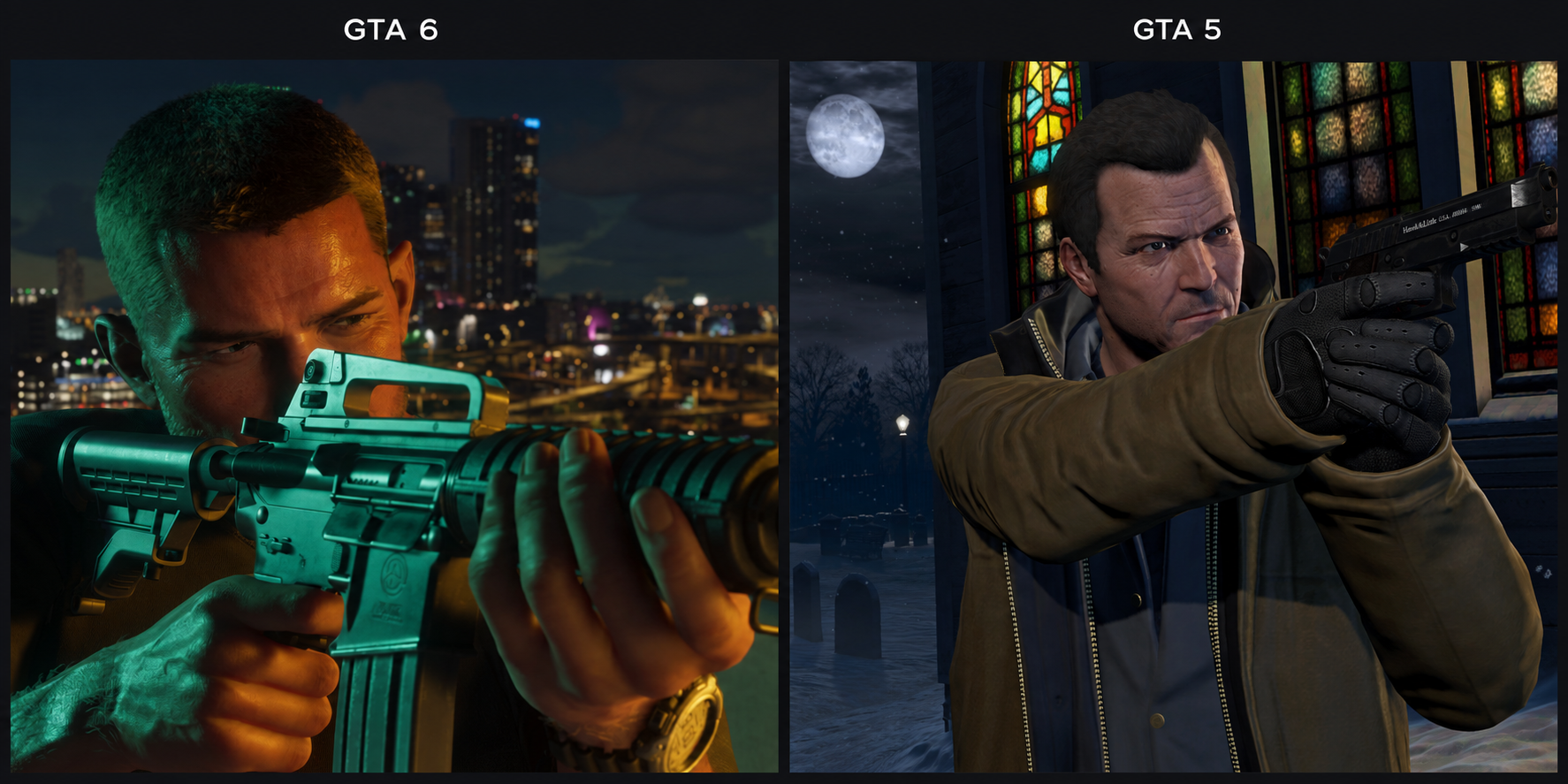 Side-by-side comparison of GTA 6 and GTA 5 nighttime combat screenshots, showing armed characters in close-up.