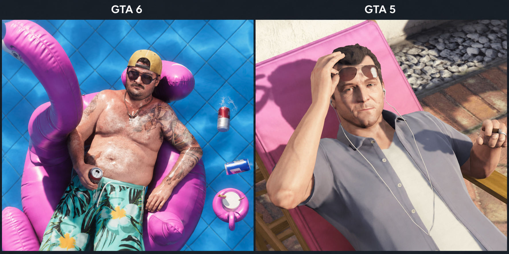 Side-by-side comparison of GTA 6 and GTA 5 relaxed character screenshots, showing poolside and sun-lounger scenes.