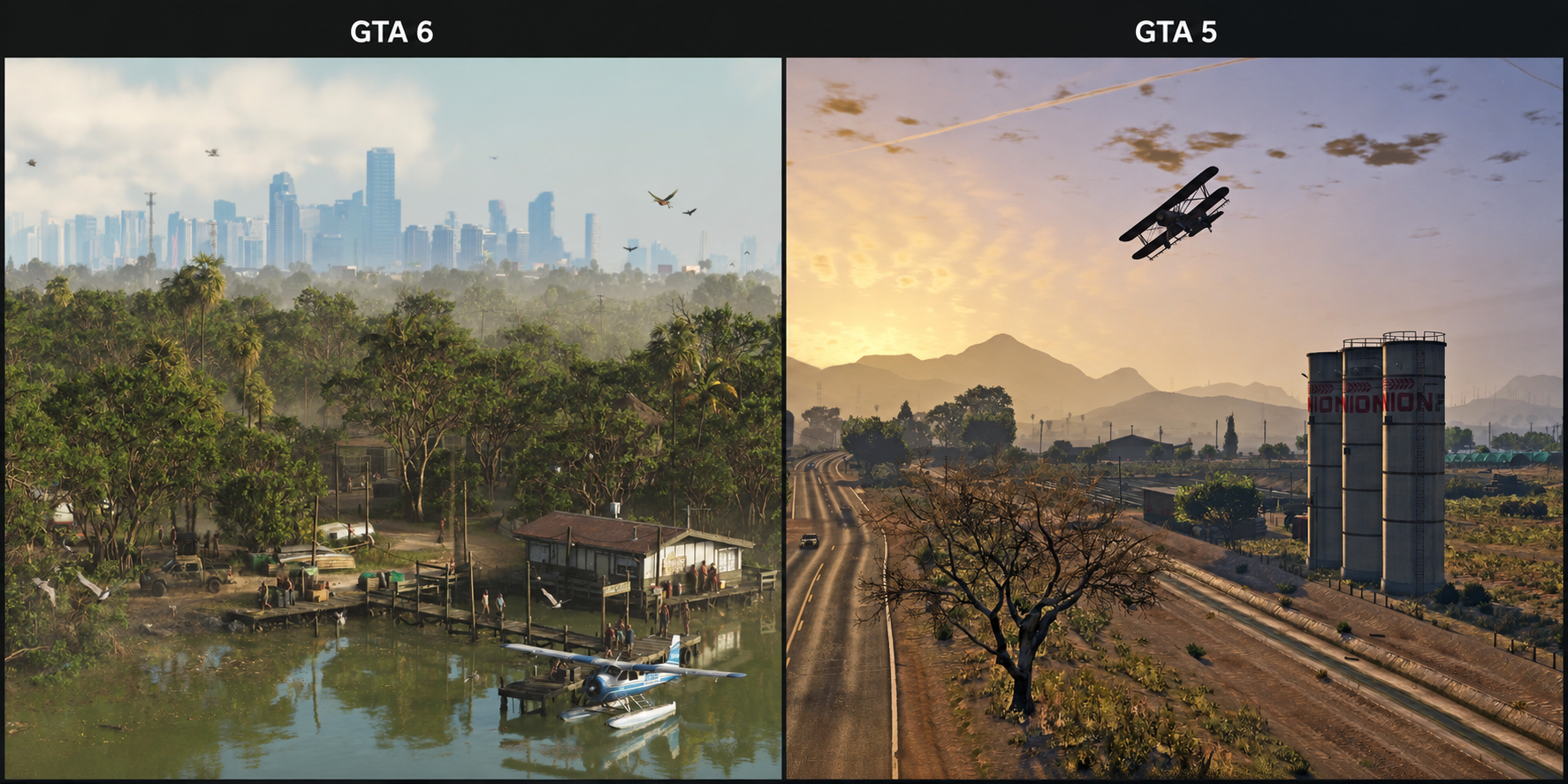 Side-by-side comparison of GTA 6 and GTA 5 landscape screenshots, contrasting a dense wetland scene with a rural Blaine County view.