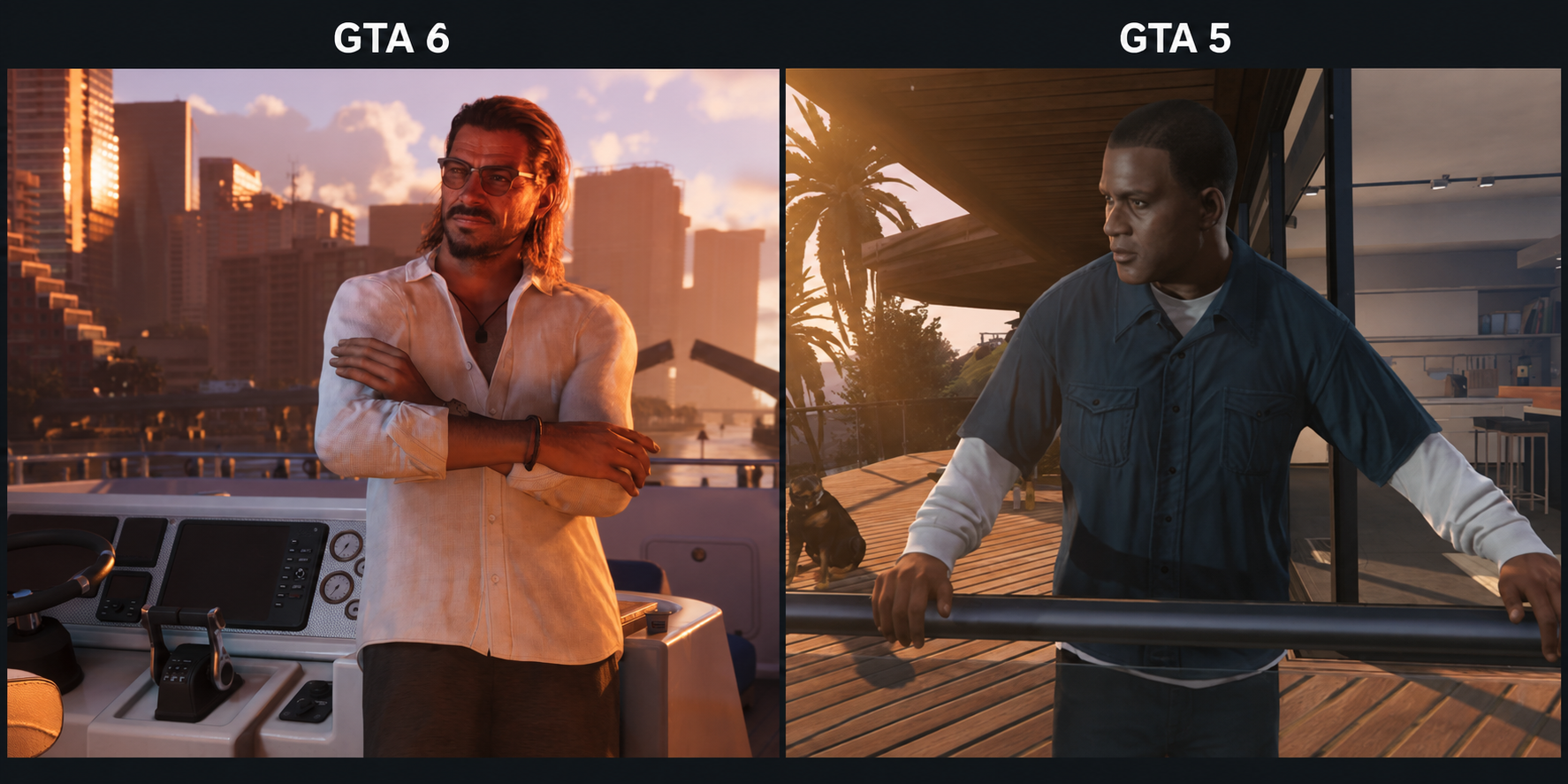 Side-by-side comparison of GTA 6 and GTA 5 character screenshots at sunset, showing men standing outdoors near city backdrops.