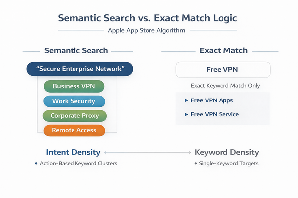 Diagram showing Semantic Search vs Exact Match logic in Apple App Store