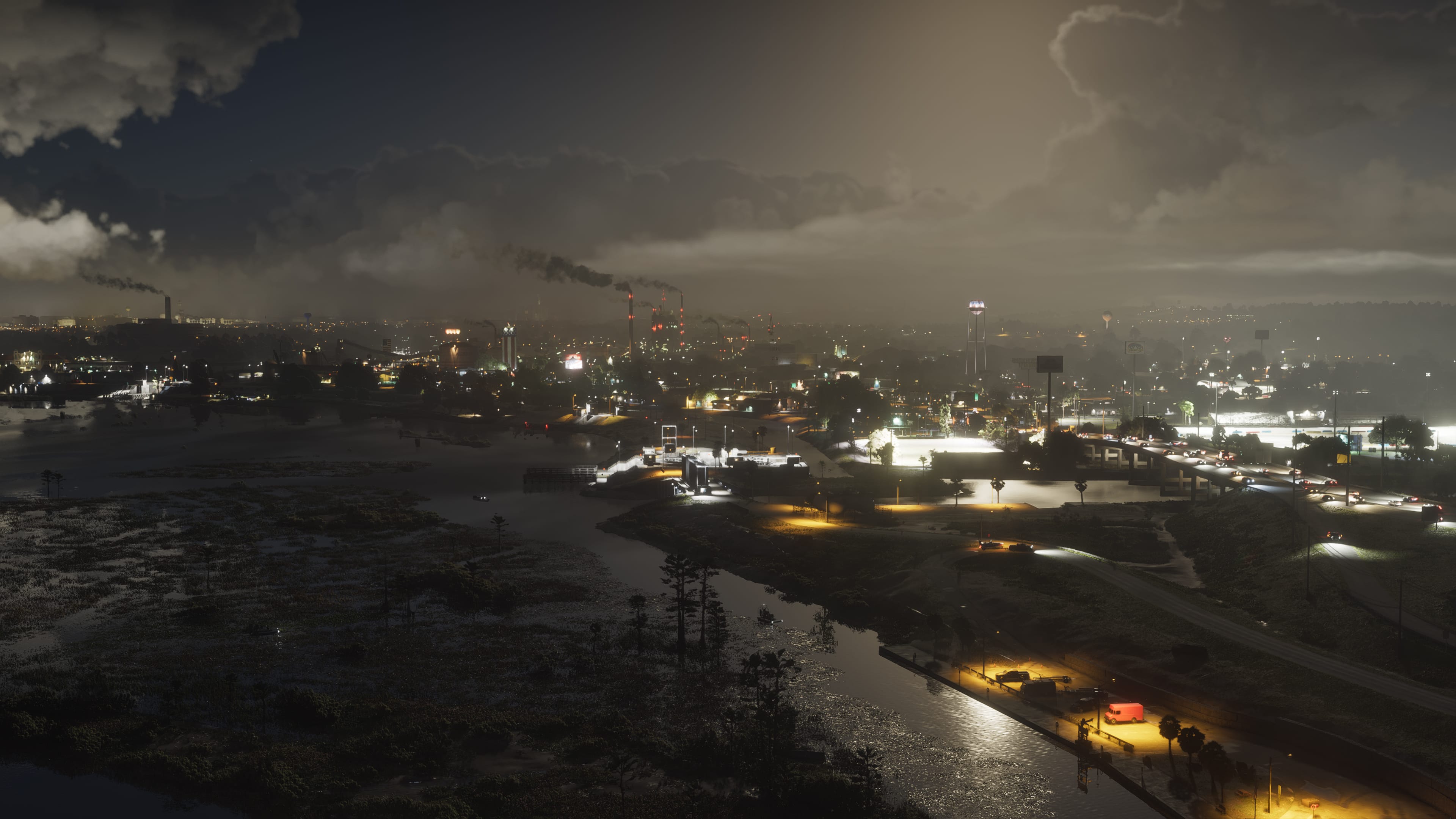 Ambrosia in GTA 6 at night, with industrial plants, smokestacks, roads and low-lying wetlands.