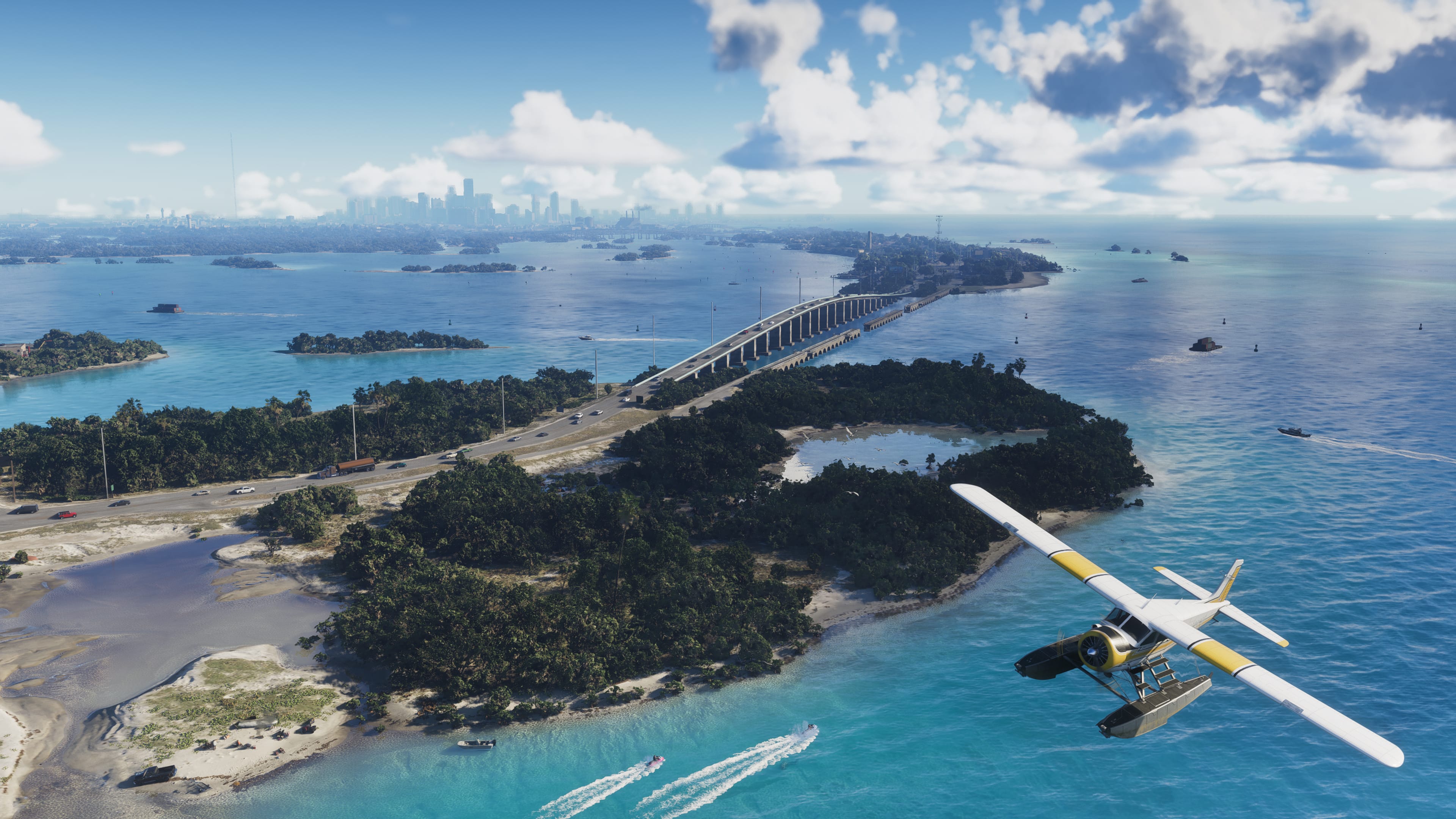 A seaplane flying above tropical islands, bridges and turquoise water in the Leonida Keys in GTA 6.