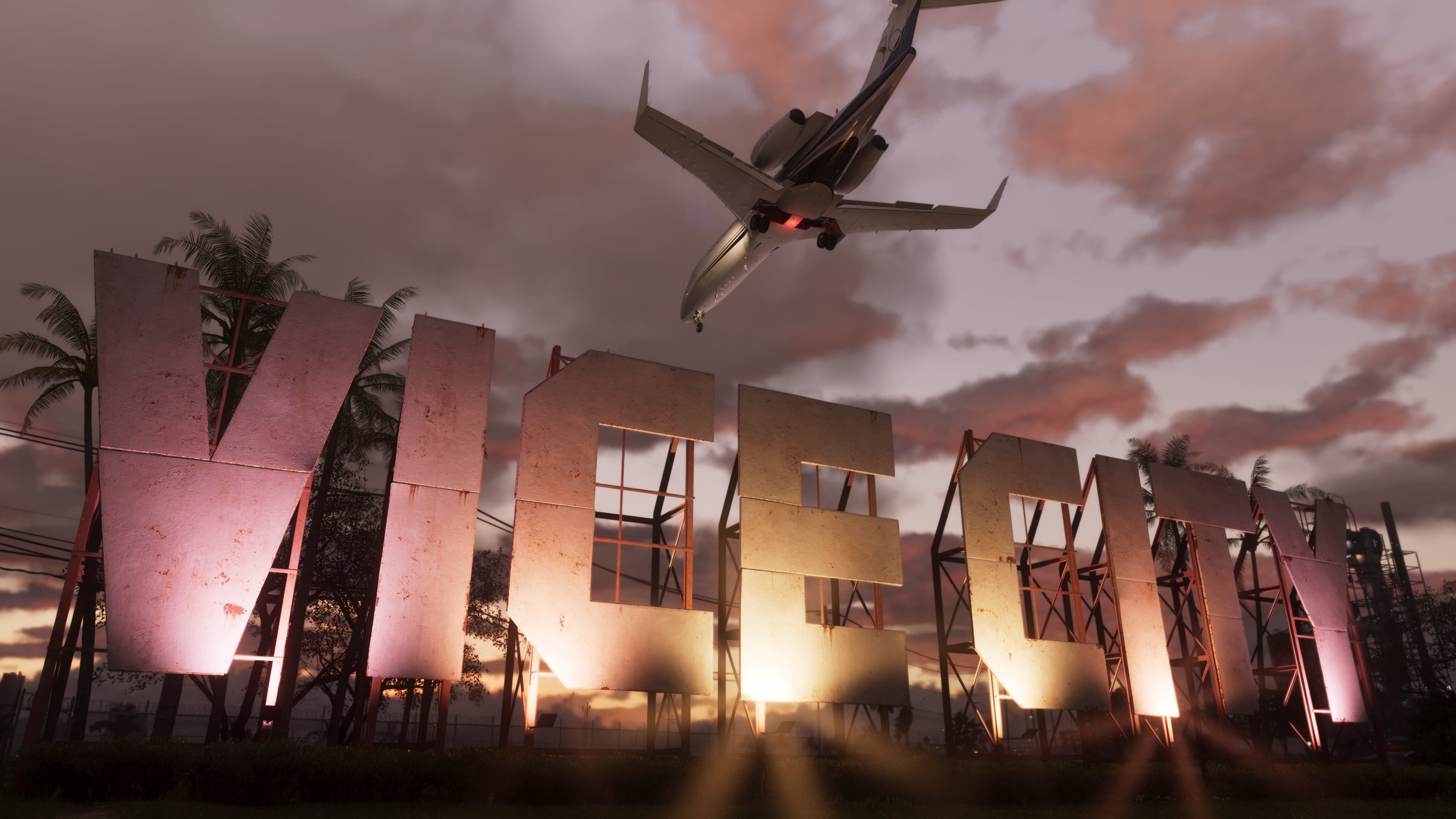 A private jet flying above the illuminated Vice City sign at sunset in GTA 6.
