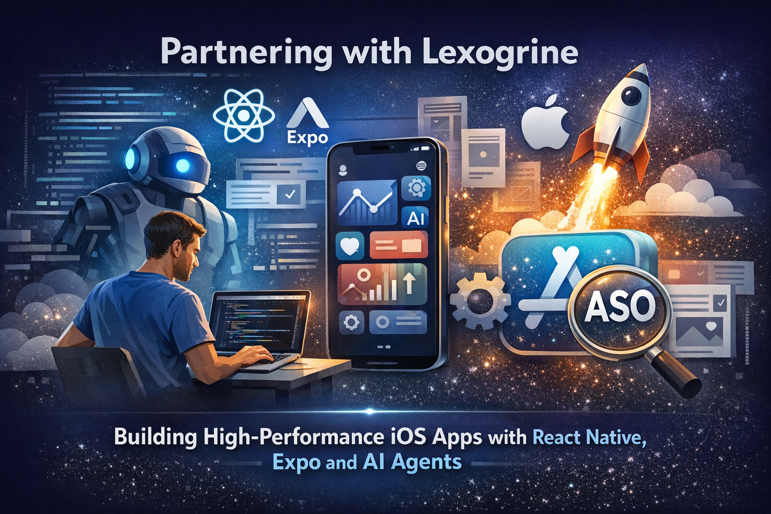 Developer working on React Native code with Expo dashboard visible