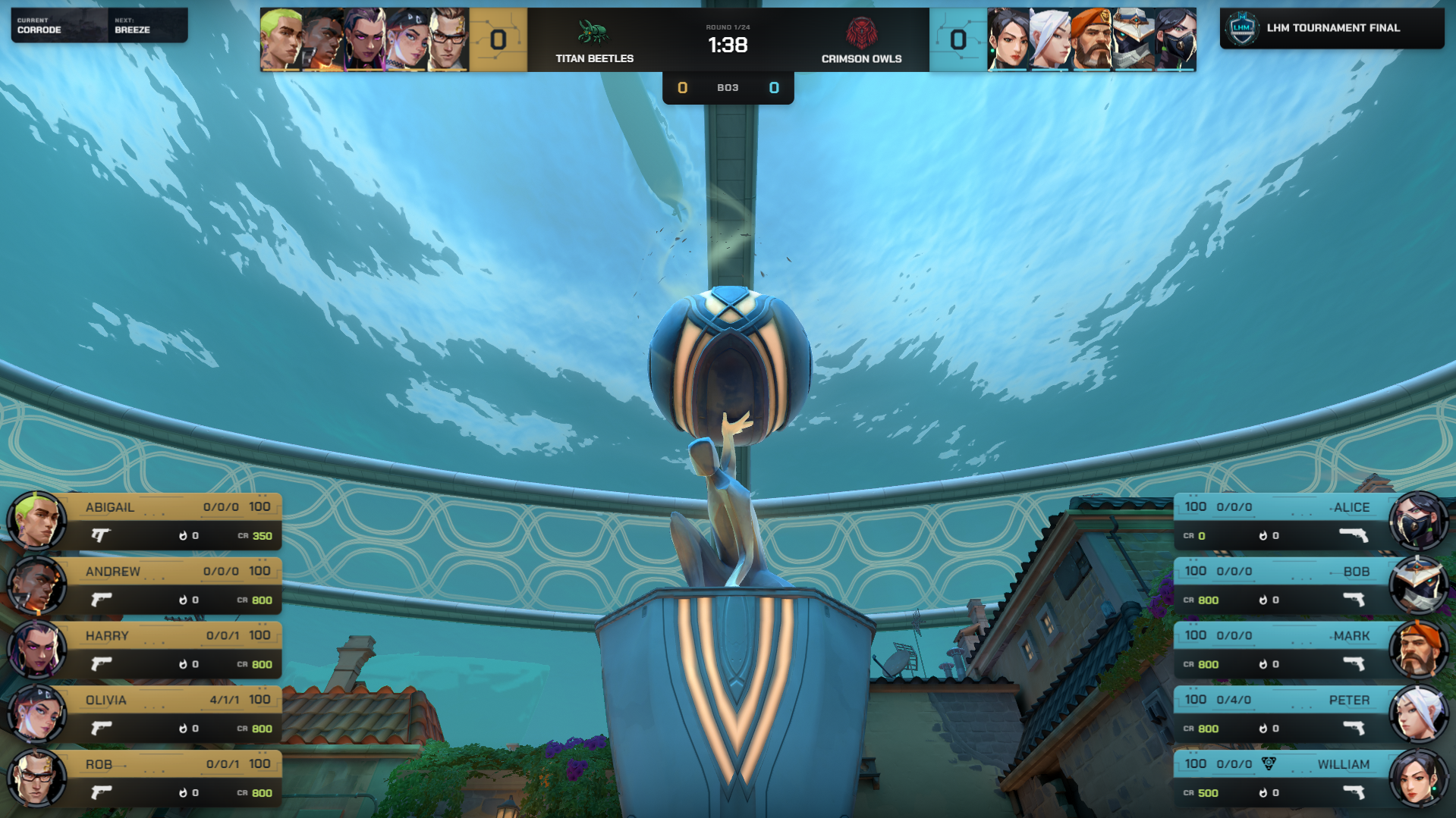LHM 7.2.0 Valorant HUD overlay showing team rosters, player statistics, round timer, and live match scoreboard.