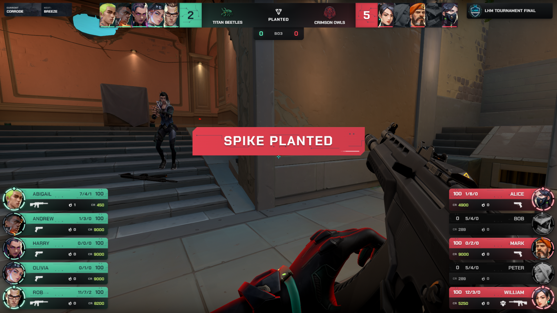 LHM Ultra Valorant HUD showing a Spike Planted notification, team scoreboard, player statistics, and live gameplay overlay.