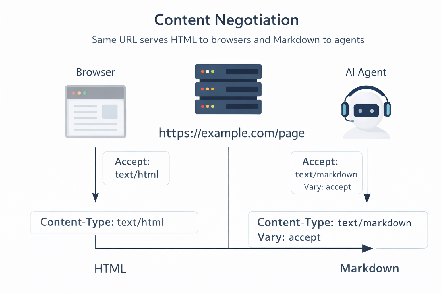 Diagram showing one URL returning HTML to browsers and Markdown to agents based on the Accept header, with Vary: accept on the response.