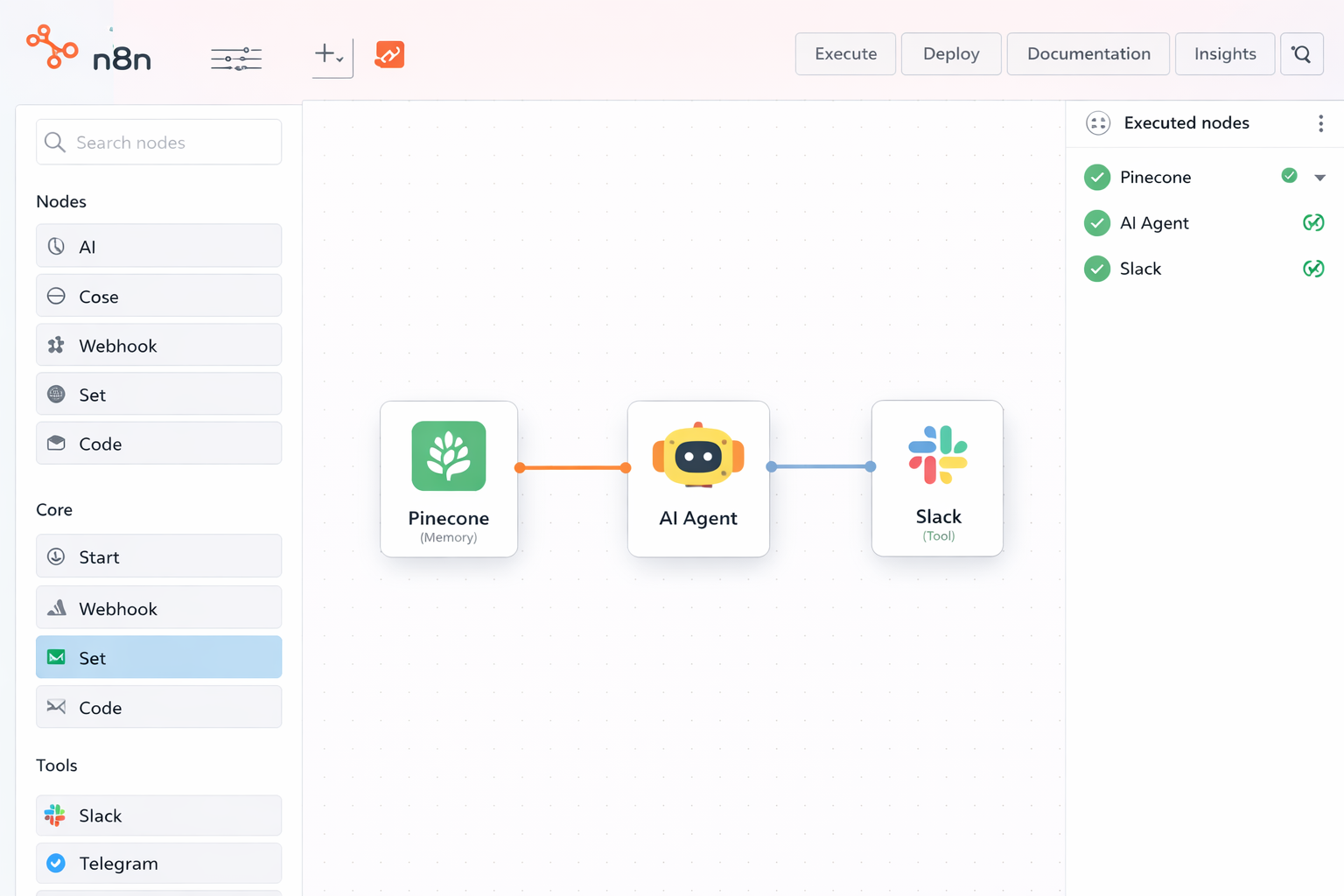 n8n workflow canvas showing an AI Agent node connected to Vector Store and Slack tools